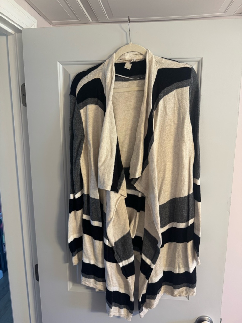 LOFT Draped Open-Front Striped Cardigan Sweater - Cream & Black